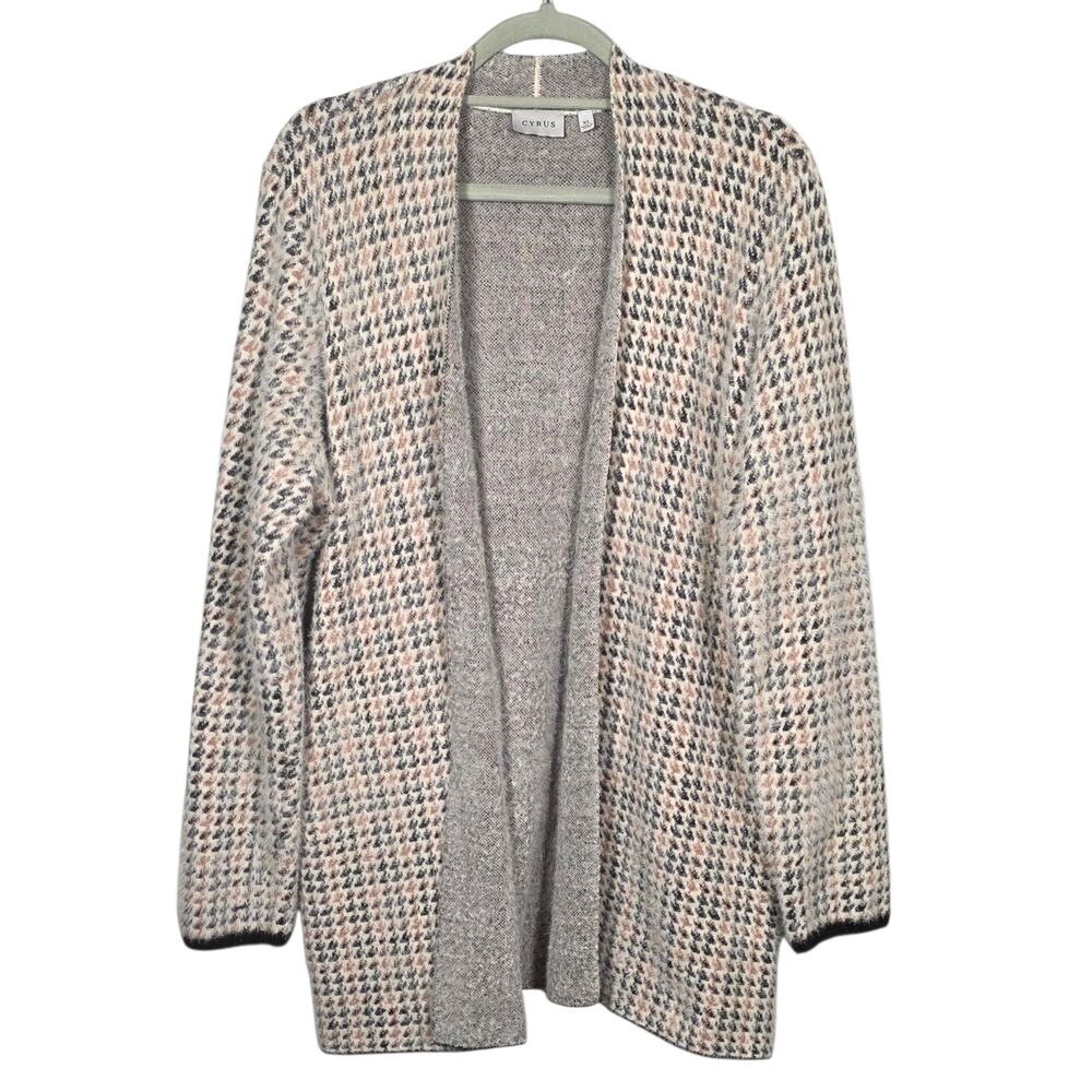 Cyrus XL Open Front Cardigan Brown Black Cream Textured Knit Sweater